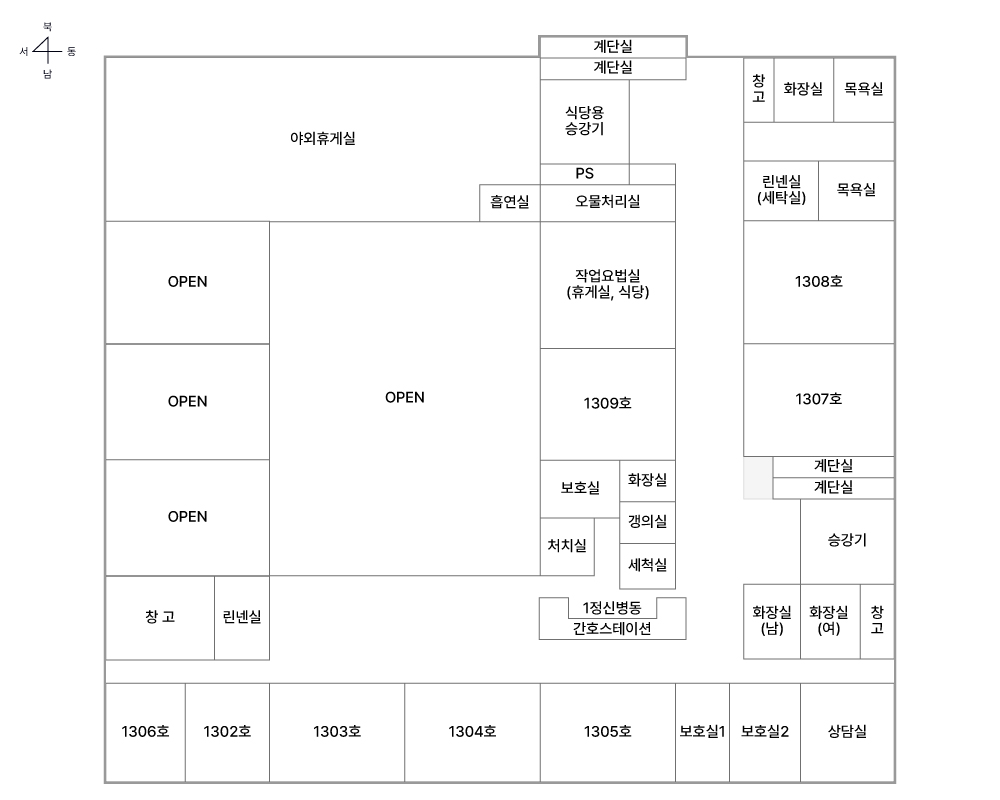신관 3층 안내입니다 동쪽에는 1308호, 1307호, 목욕실이 있습니다. 남쪽에는 1306호, 1302호, 1303호, 1304호, 1305호, 보호실 1, 보호실 2, 상담실이 있습니다. 북쪽에는 휴게실이 있습니다. 중앙에는 작업요법실, 1309호, 1정신의료기관 간호스테이션이 있습니다.