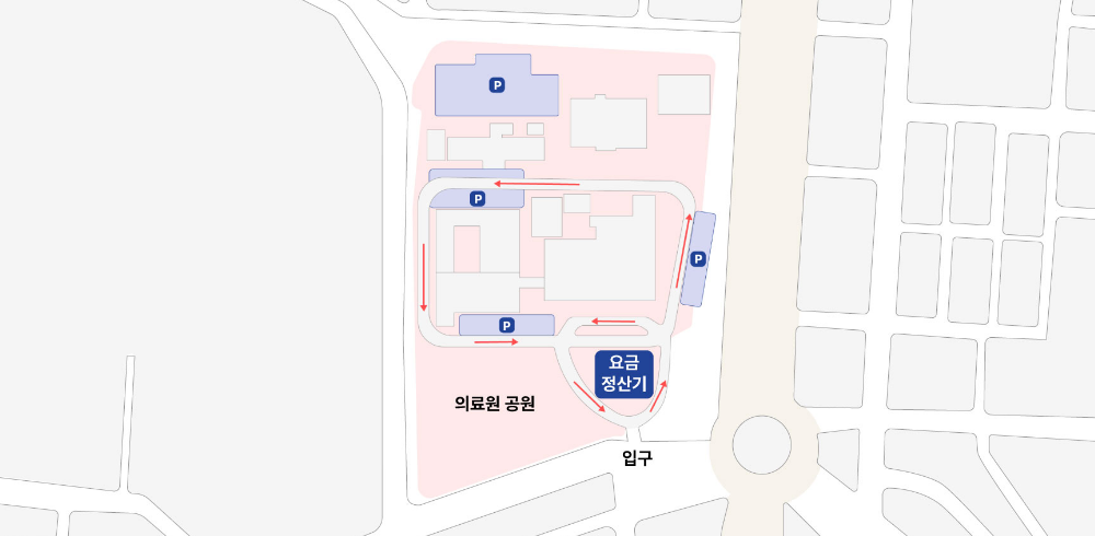 주차안내도 - 주출입구에서 우측으로 진입하면 주차장이 있습니다. 주차장에서 좌측커브를 돌아 직진하면 그다음 주차장이있습니다. 좌측커브를 돌면 마지막 주차장이 있습니다. 마지막 주차장에서 우회전하면 좌측에 요금정산기가 있습니다. 요금정산기를 지나면 주출입구로 나가실 수 있습니다.
